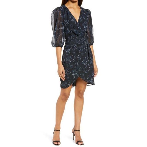 Halogen Womens Mini Dress Chiffon Faux Wrap Tie Half Sleeve Size Small NWT - Picture 1 of 9